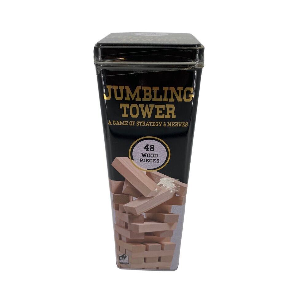NEW Solid Wood Jumbling Tower Game In Tin by Cardinal Industries 48 Wood Pcs NIB